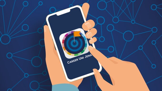 Hände halten ein Smartphone und tippen auf das App-Icon der Career Uni Jena App.