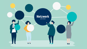 Four persons carry a network consisting of junctions of differenz size.