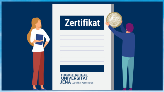 Zwei Personen stehen vor einem Zertifikat mit Siegel der Universität Jena.