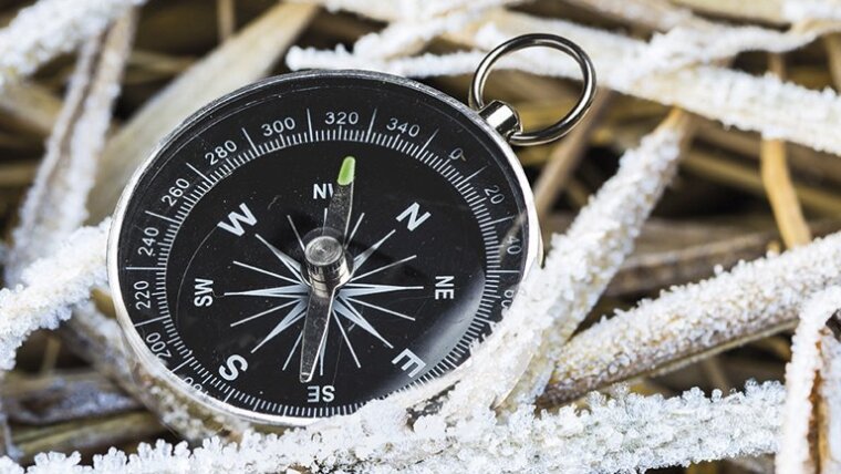 Compass in hoarfrost-covered straw