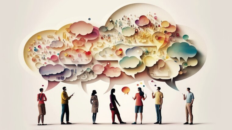 Many smaller speech bubbles surrounded by a huge one above a group of people.