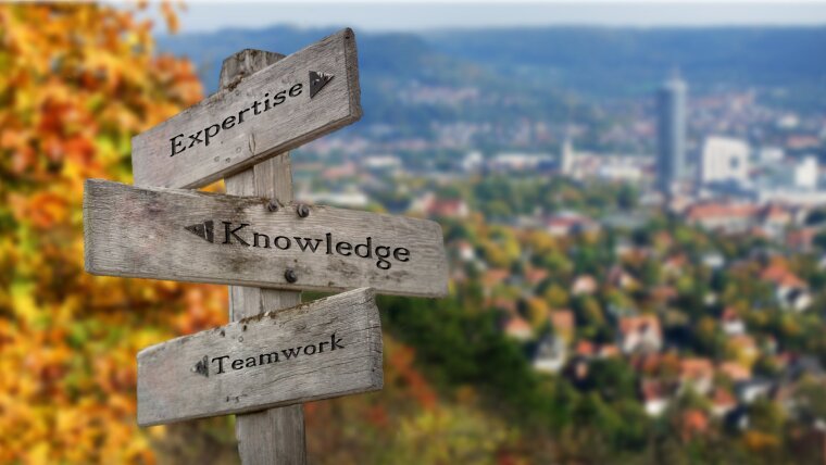 A wooden roadsign with the directions expertise, knowledge and teamwork. In the background you can see the city of Jena in autumn.