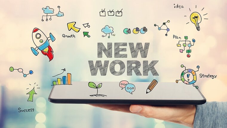 Die Worte "New Work" schweben über einem Tablet, umringt von mit dem Konzept New Work verbundenen gezeichneten Icons.